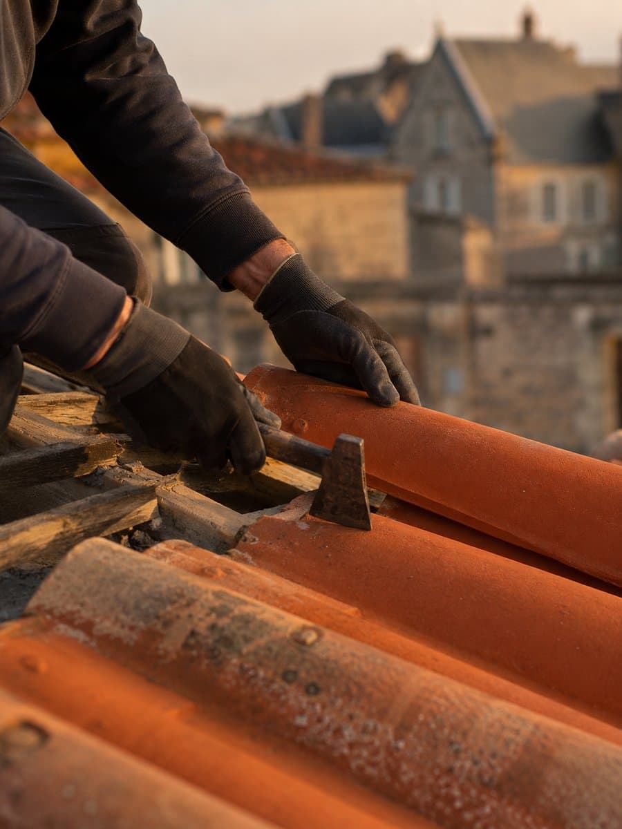 Artisan couvreur au travail sur une toiture
